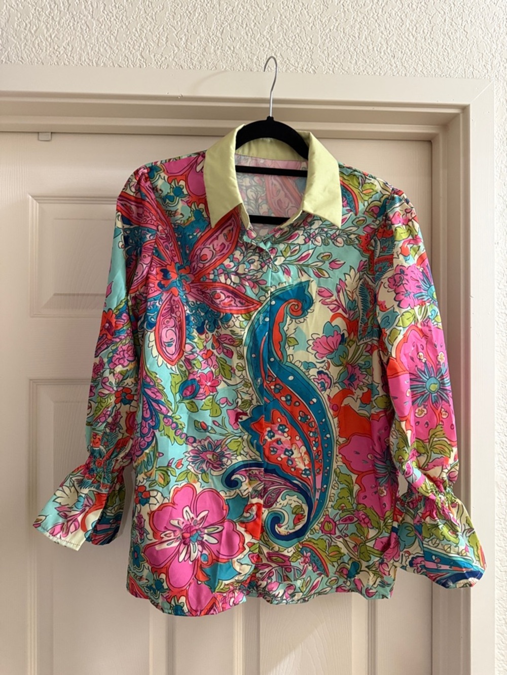 Vibrant Floral Paisley Button-Up Blouse - Mint, Pink & Teal
